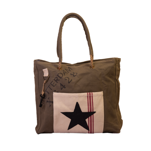 Khaki with Black Star Upcycled Canvas Tote (590)