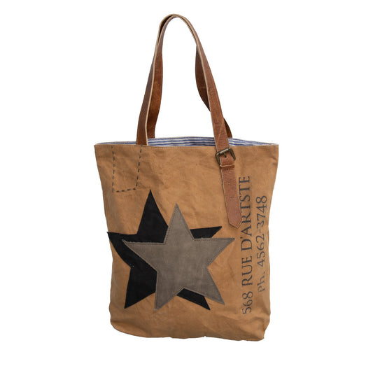 Tan 'Stars' Upcycled Canvas Tote (010)